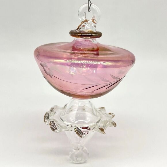 VTG Egyptian Museum Hand Blown Glass Ornament Teardrop 4” Cranberry/Clear Etched - Picture 2 of 12